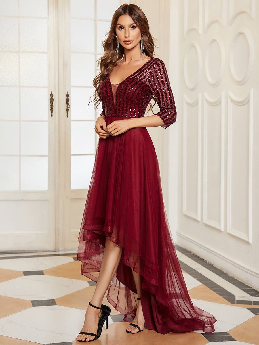 3/4 Sleeve Sequin V Neck High Low Evening Dress