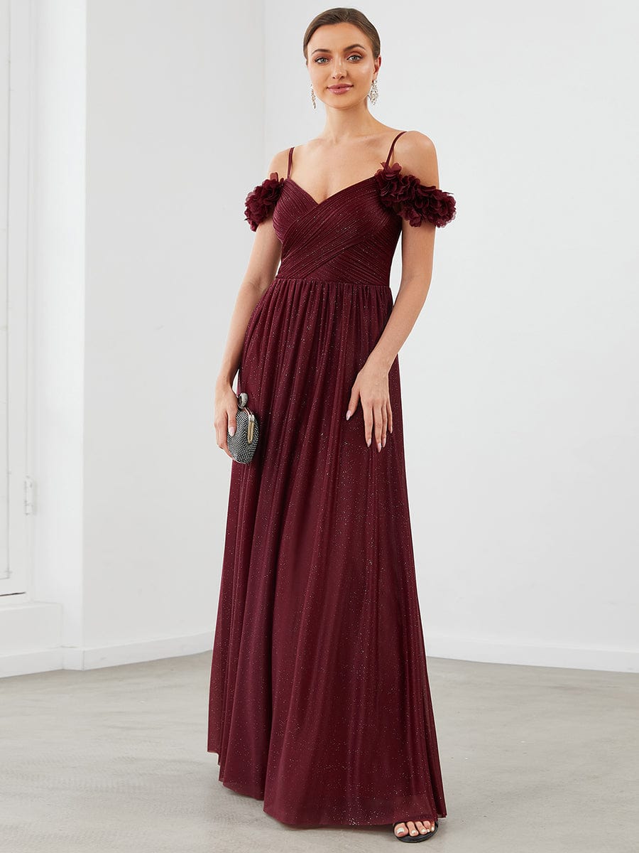 Shining Off-Shoulder Floral V-Neck Evening Dress