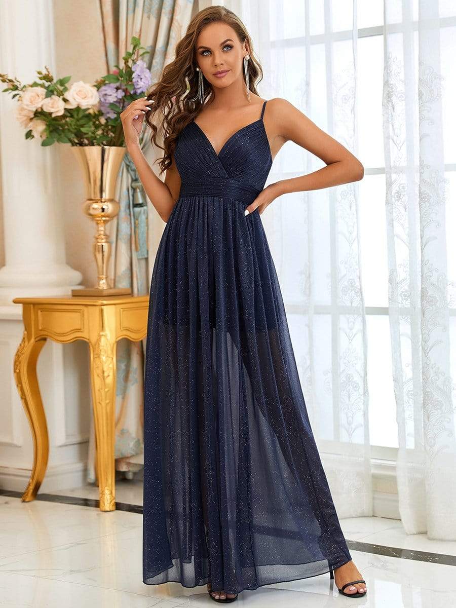 Maxi Long V Neck A-Line Sleeveless Evening Dress