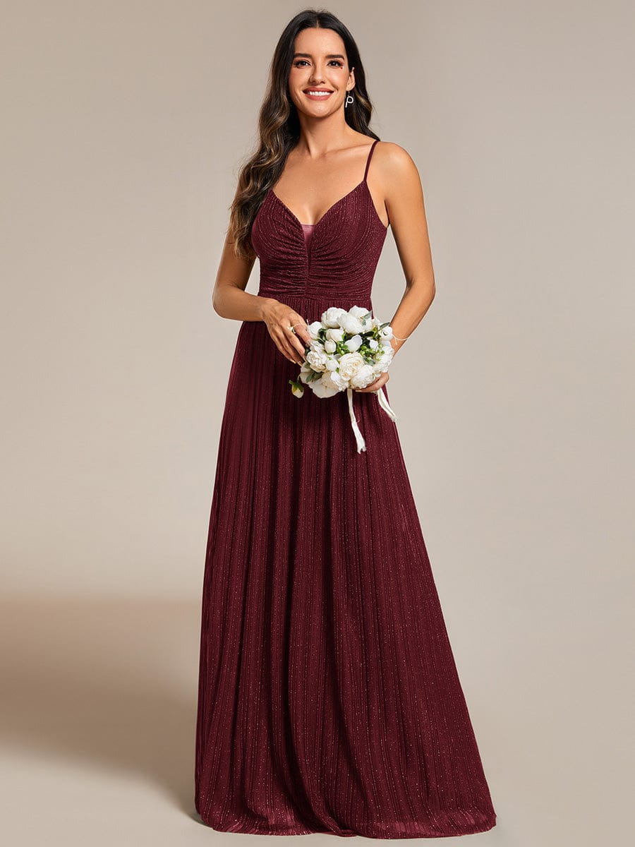 Glittering Pleated Spaghetti Straps Evening Dress with Empire Waist