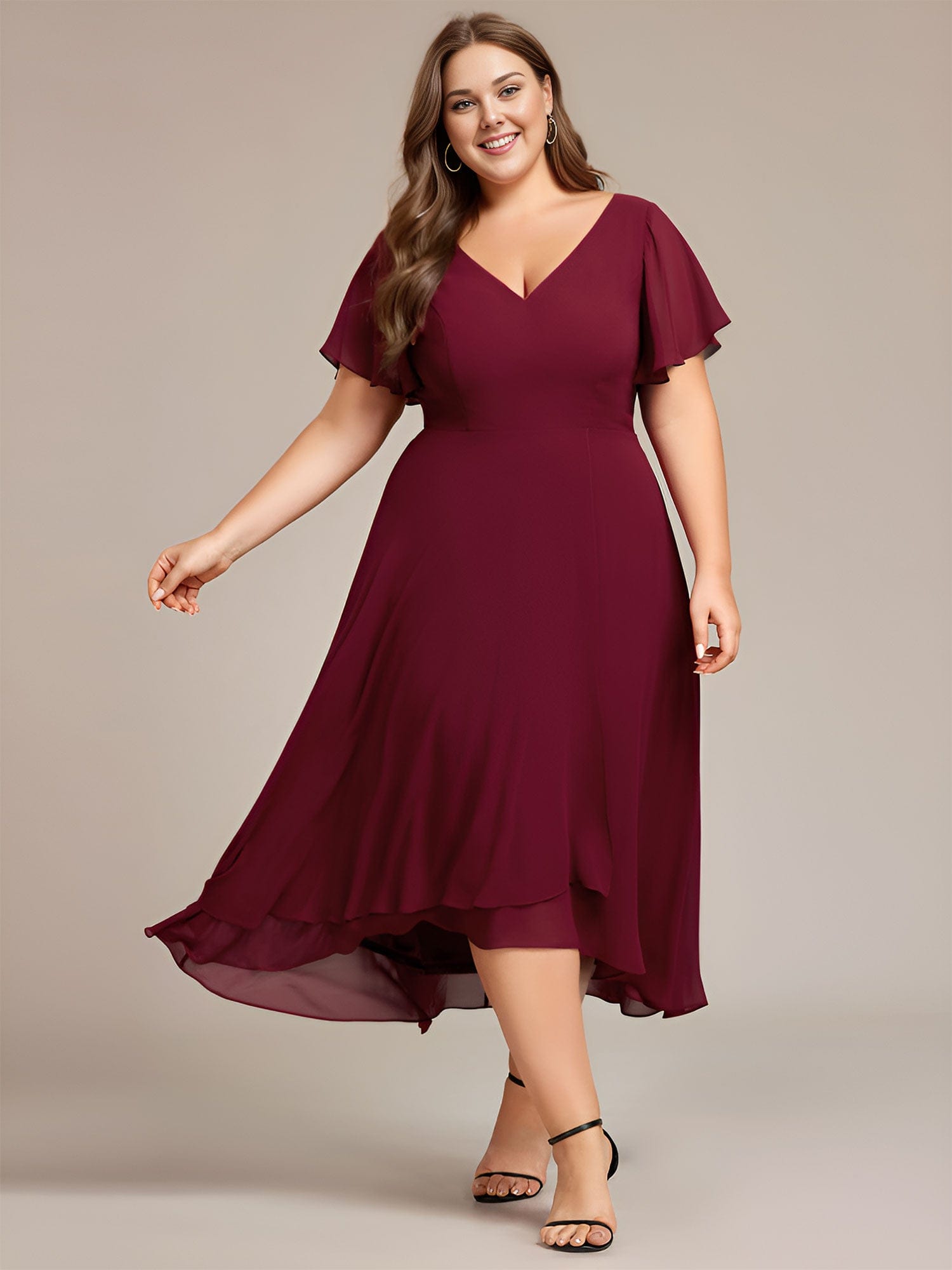 High Low Chiffon Wedding Guest Dress with V-Neck and Ruffle Sleeves