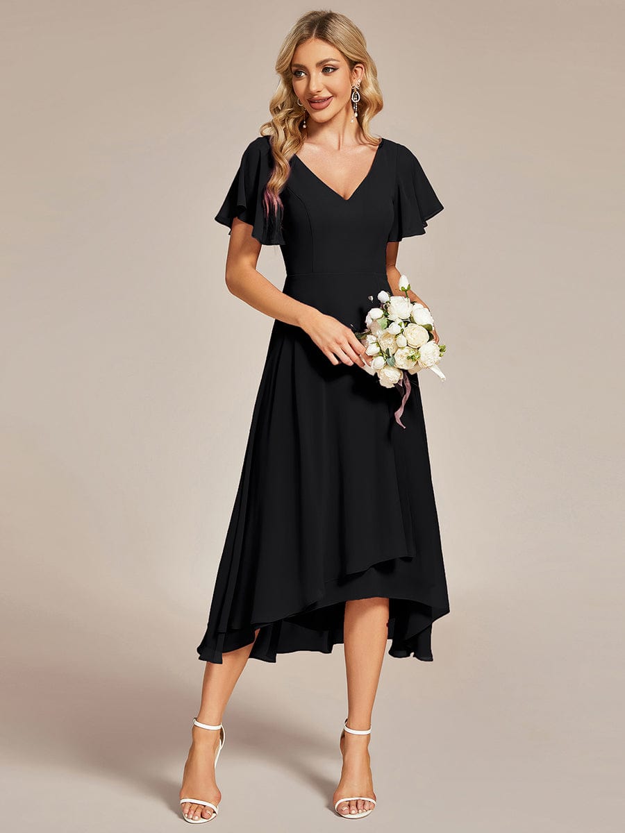 High Low Chiffon Wedding Guest Dress with V-Neck and Ruffle Sleeves