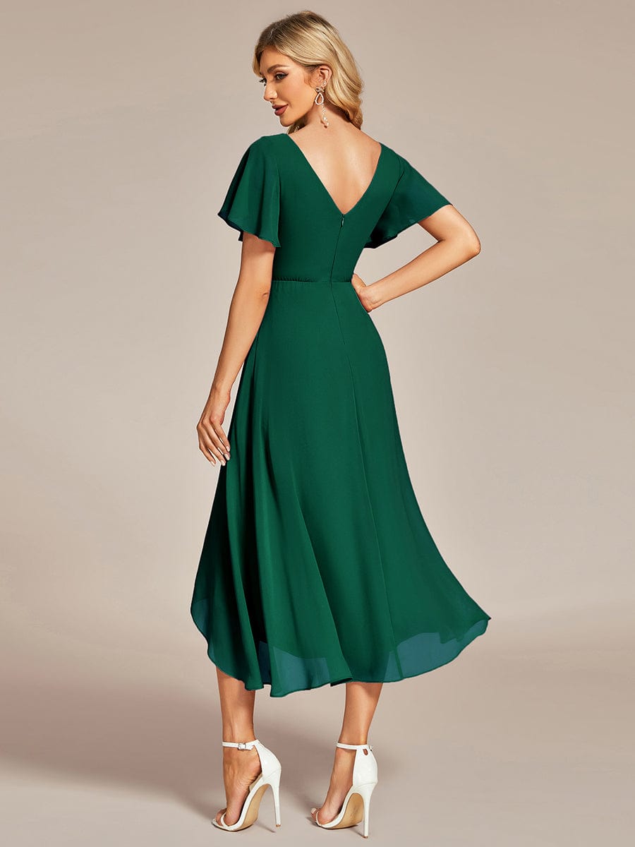 High Low Chiffon Wedding Guest Dress with V-Neck and Ruffle Sleeves