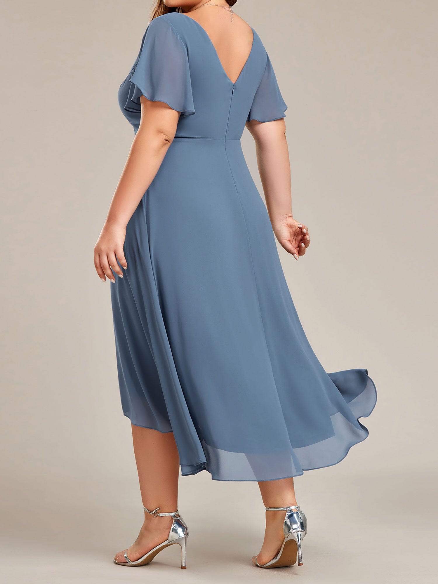 High Low Chiffon Wedding Guest Dress with V-Neck and Ruffle Sleeves