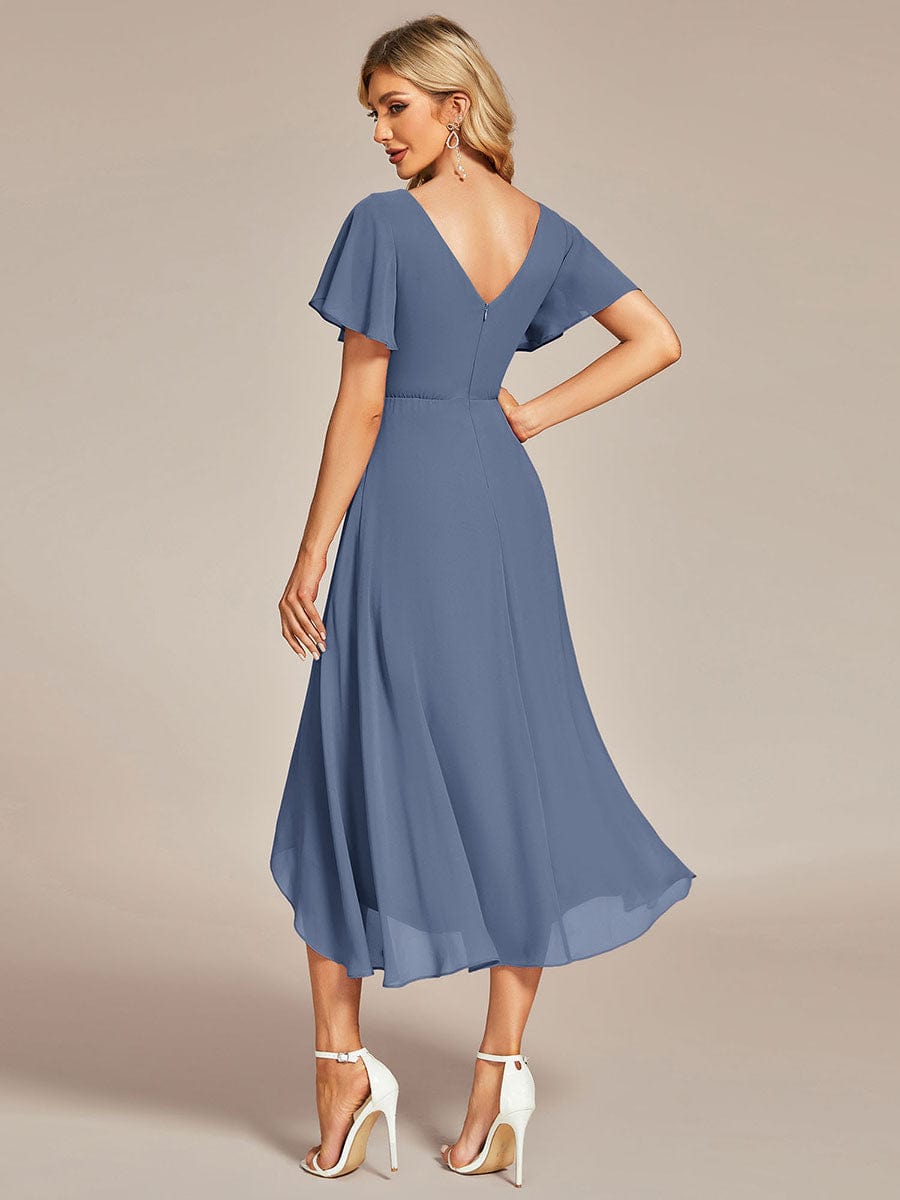 High Low Chiffon Wedding Guest Dress with V-Neck and Ruffle Sleeves