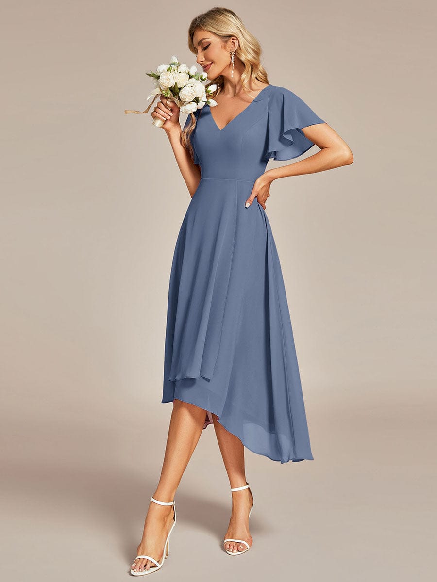 High Low Chiffon Wedding Guest Dress with V-Neck and Ruffle Sleeves