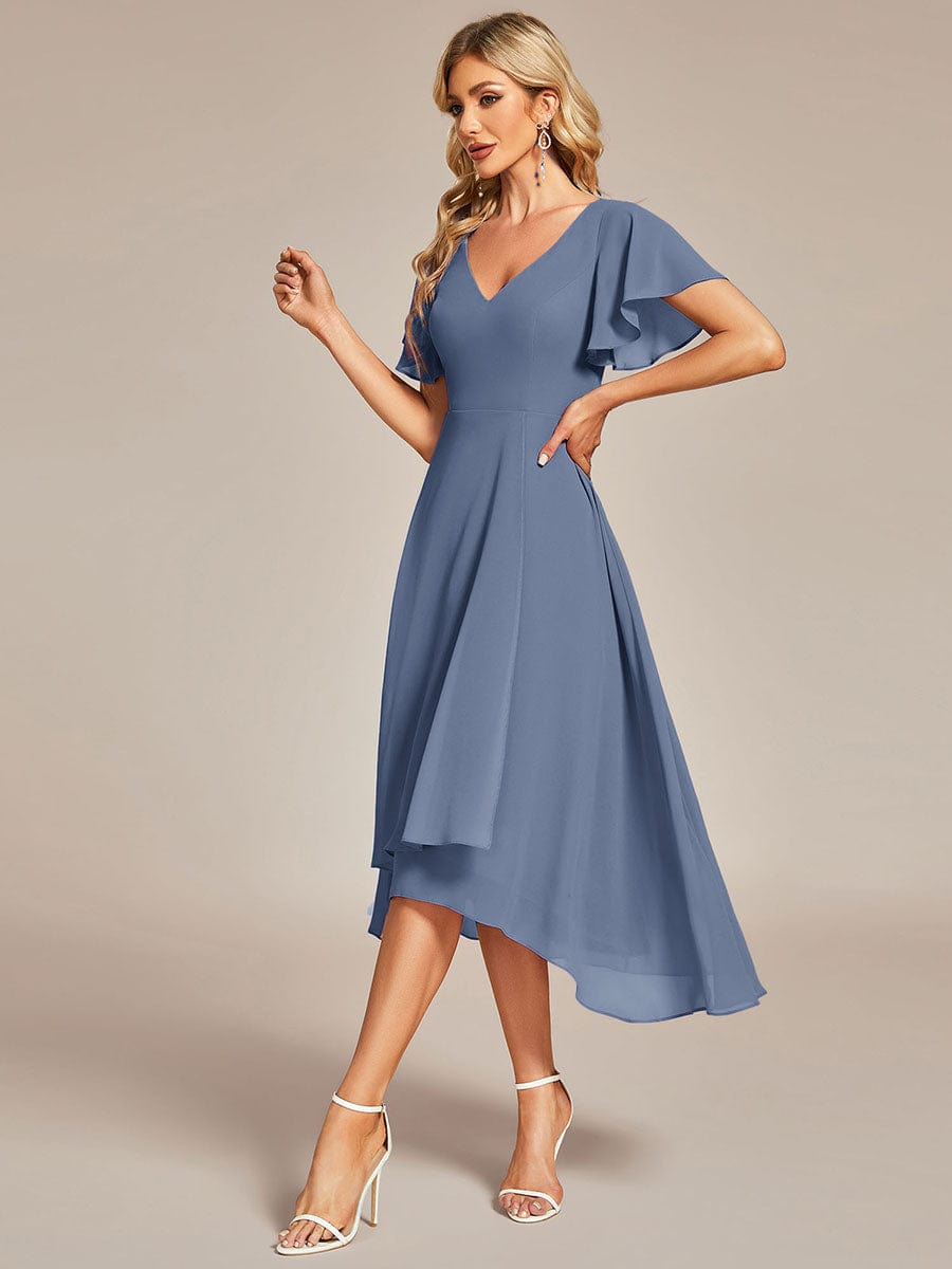 High Low Chiffon Wedding Guest Dress with V-Neck and Ruffle Sleeves