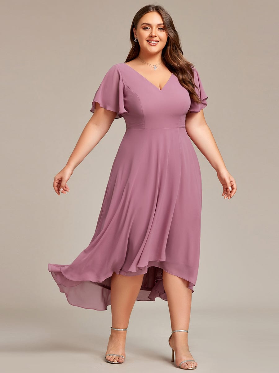 Plus Size High Low Chiffon Wedding Guest Dress with V-Neck and Ruffle Sleeves