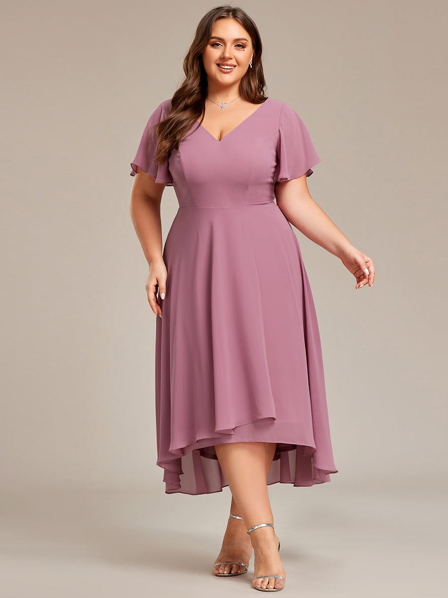 High Low Chiffon Wedding Guest Dress with V-Neck and Ruffle Sleeves