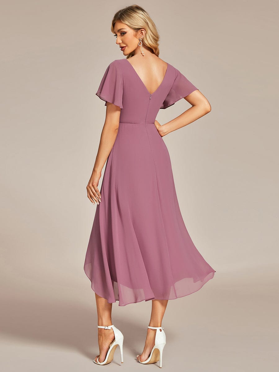 High Low Chiffon Wedding Guest Dress with V-Neck and Ruffle Sleeves