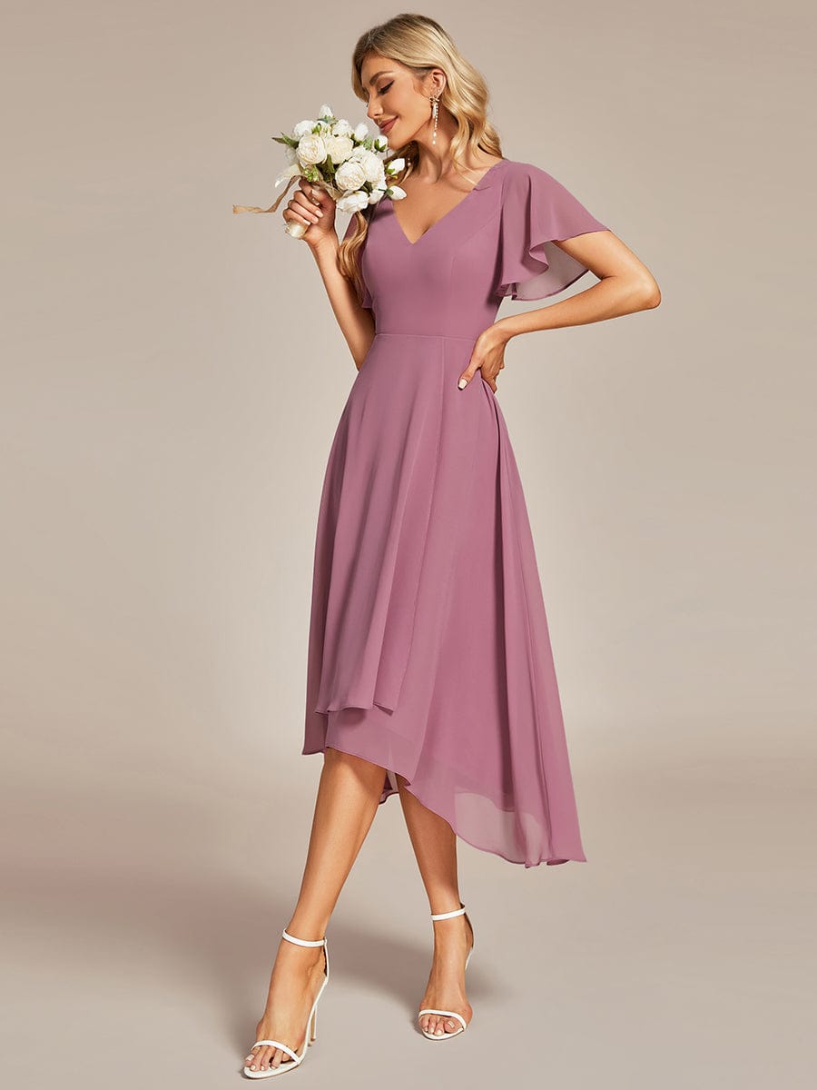 High Low Chiffon Wedding Guest Dress with V-Neck and Ruffle Sleeves