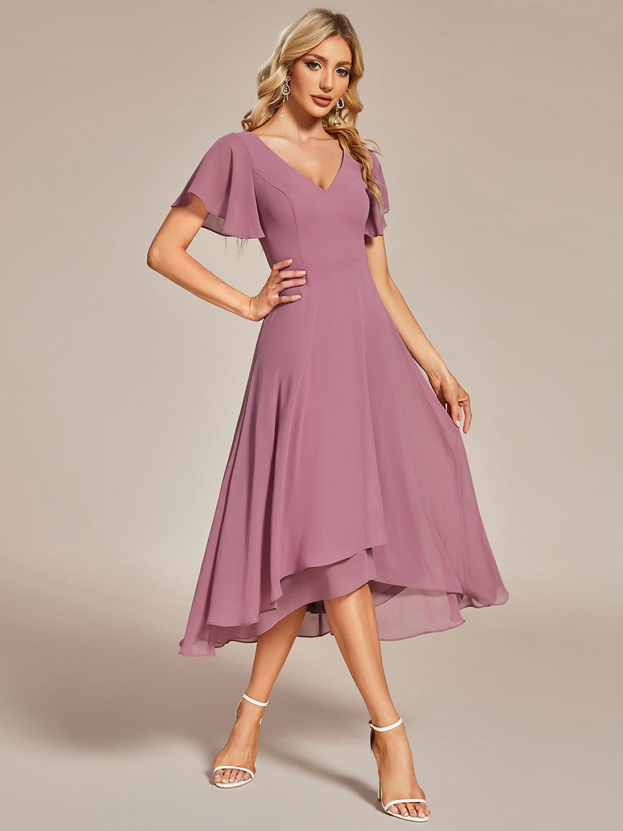 High Low Chiffon Wedding Guest Dress with V-Neck and Ruffle Sleeves