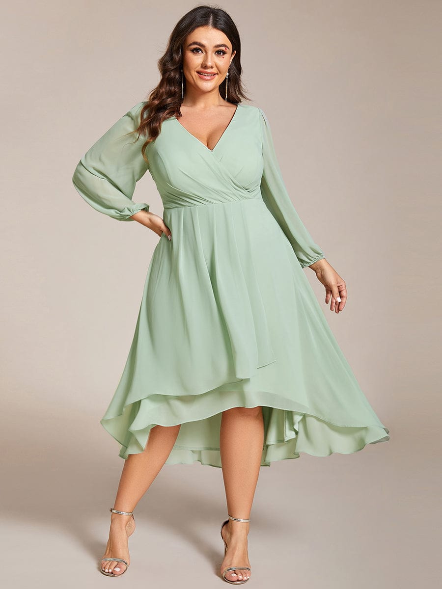 Chiffon Long Sleeve V-Neck High-Low Wedding Guest Dress