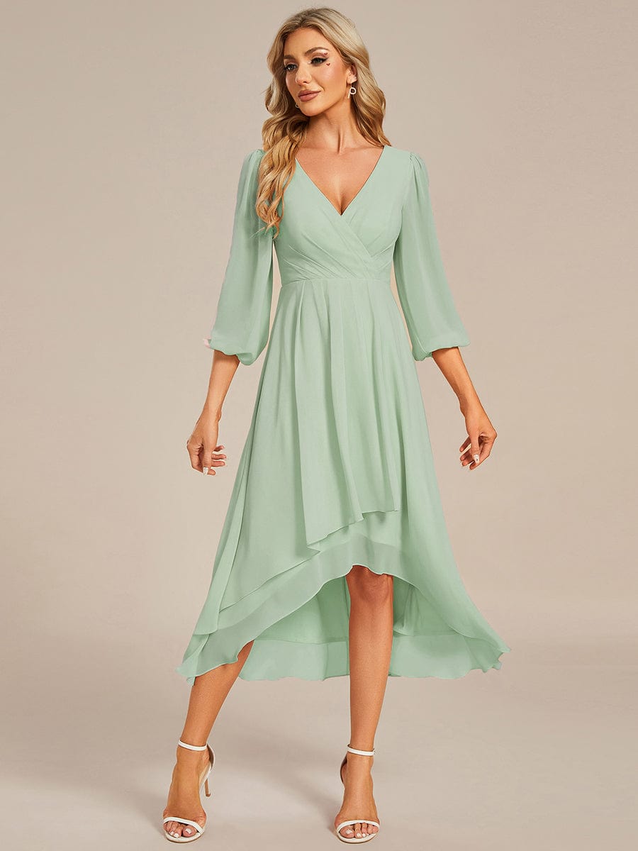 Chiffon Long Sleeve V-Neck High-Low Wedding Guest Dress