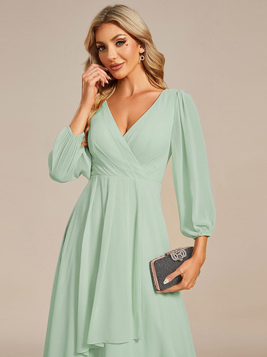 Chiffon Long Sleeve V-Neck High-Low Wedding Guest Dress