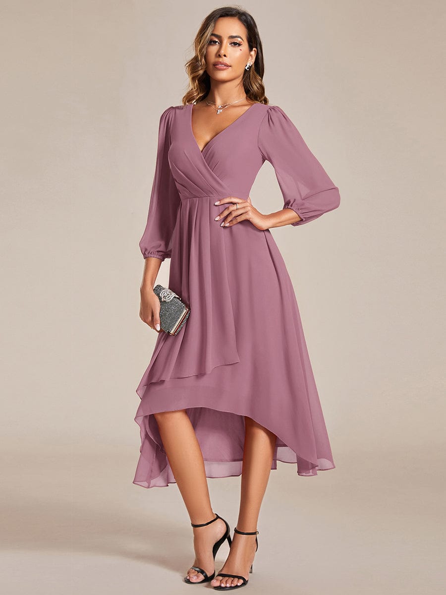 Chiffon Long Sleeve V-Neck High-Low Wedding Guest Dress