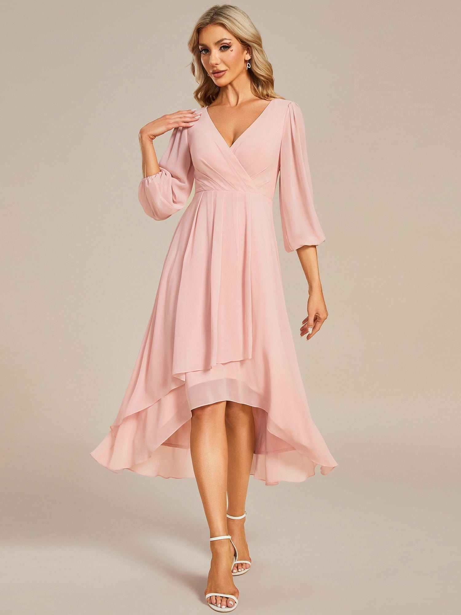 Chiffon Long Sleeve V-Neck High-Low Wedding Guest Dress