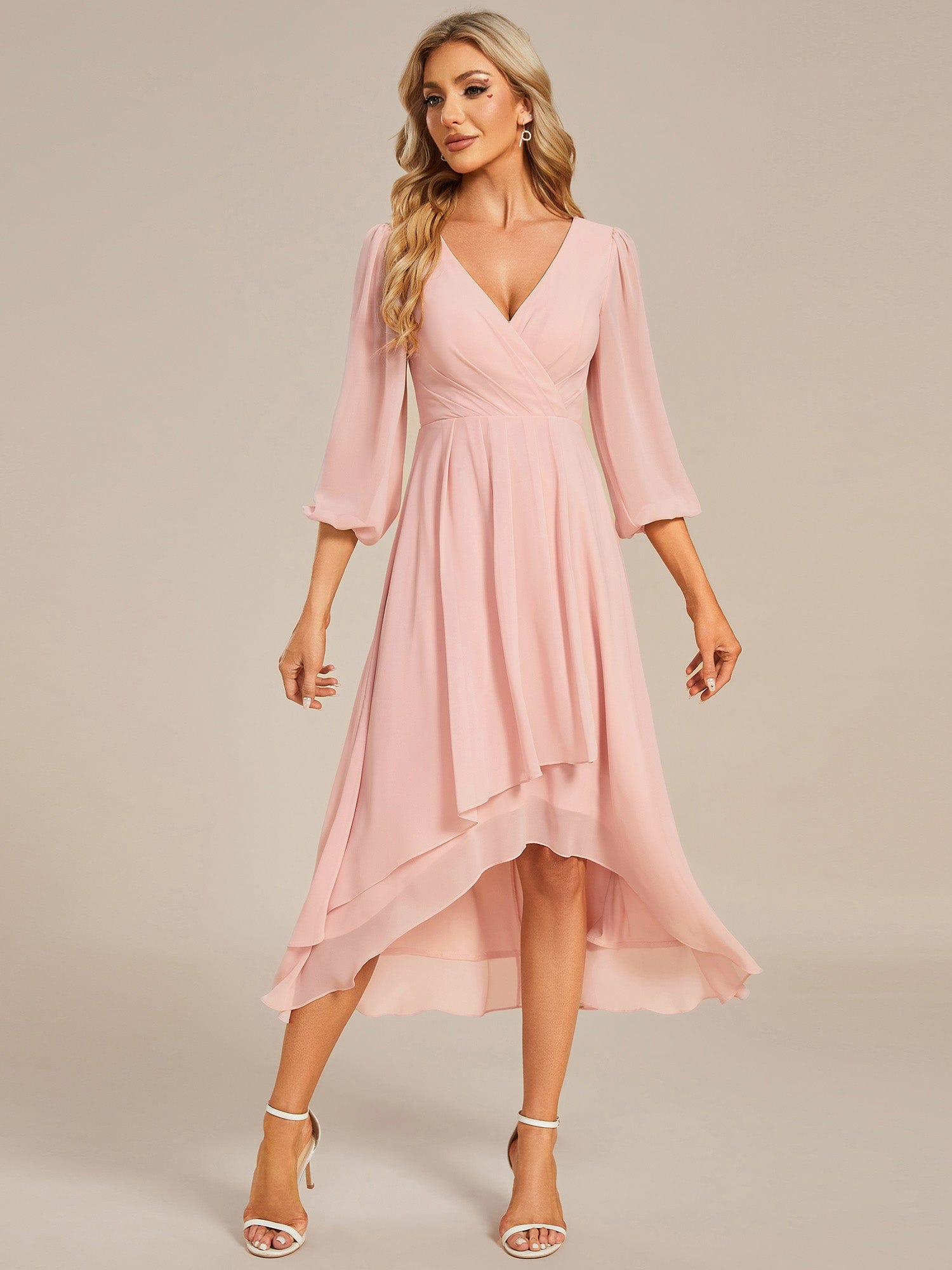 Chiffon Long Sleeve V-Neck High-Low Wedding Guest Dress