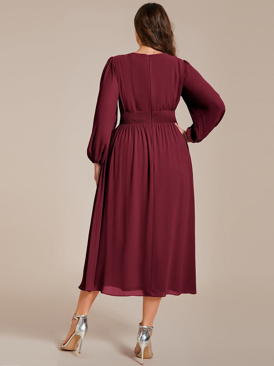 Plus Size Elegant V Neck Long Sleeves Midi Wedding Guest Dress