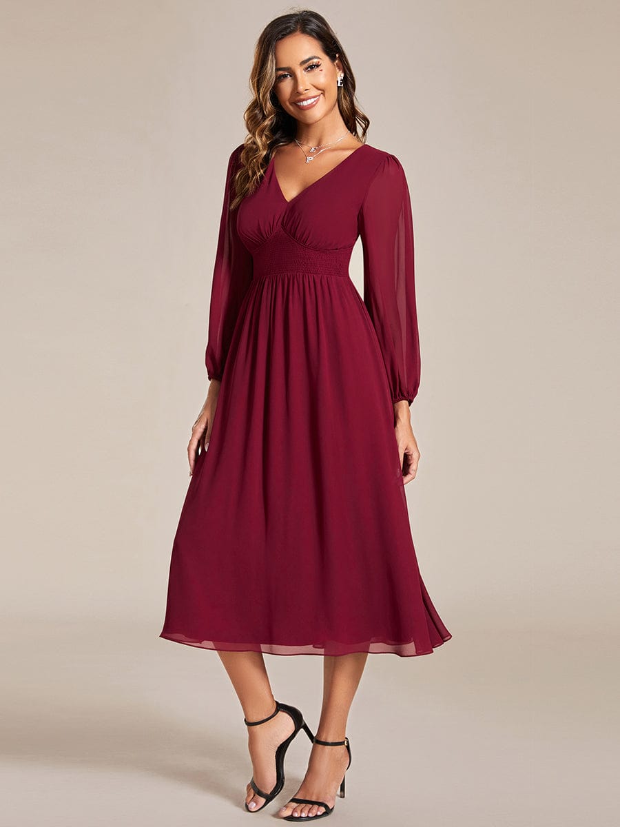 Elegant V Neck Long Sleeves Midi Wedding Guest Dress