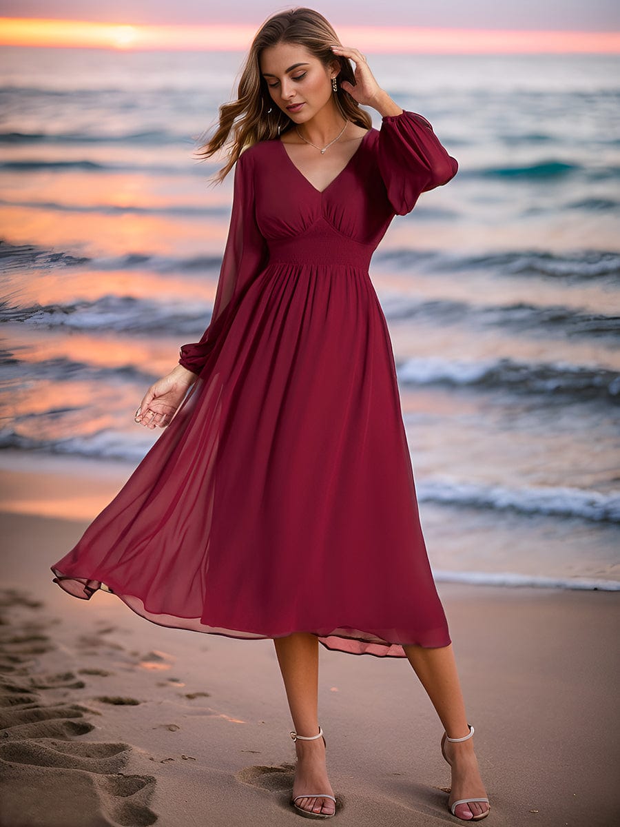 Elegant V Neck Long Sleeves Midi Wedding Guest Dress