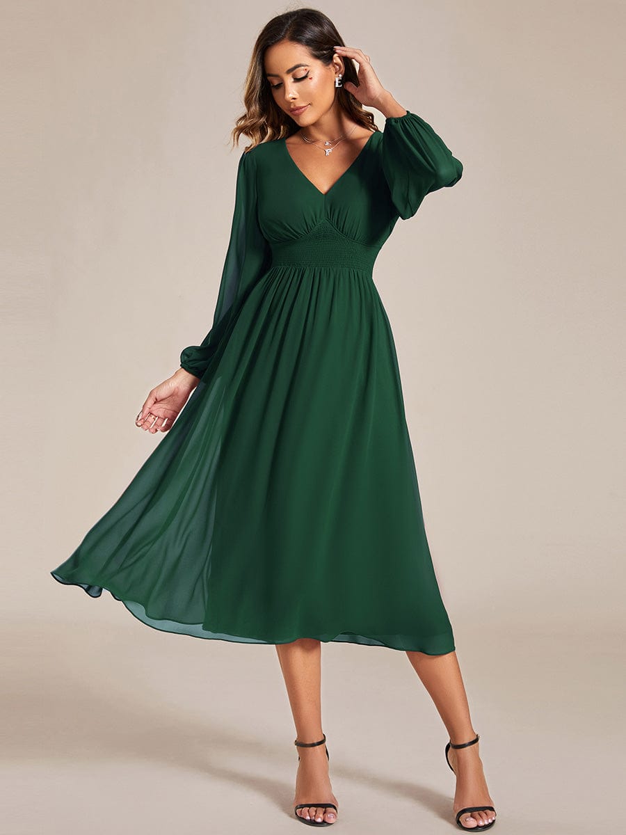 Elegant V Neck Long Sleeves Midi Wedding Guest Dress