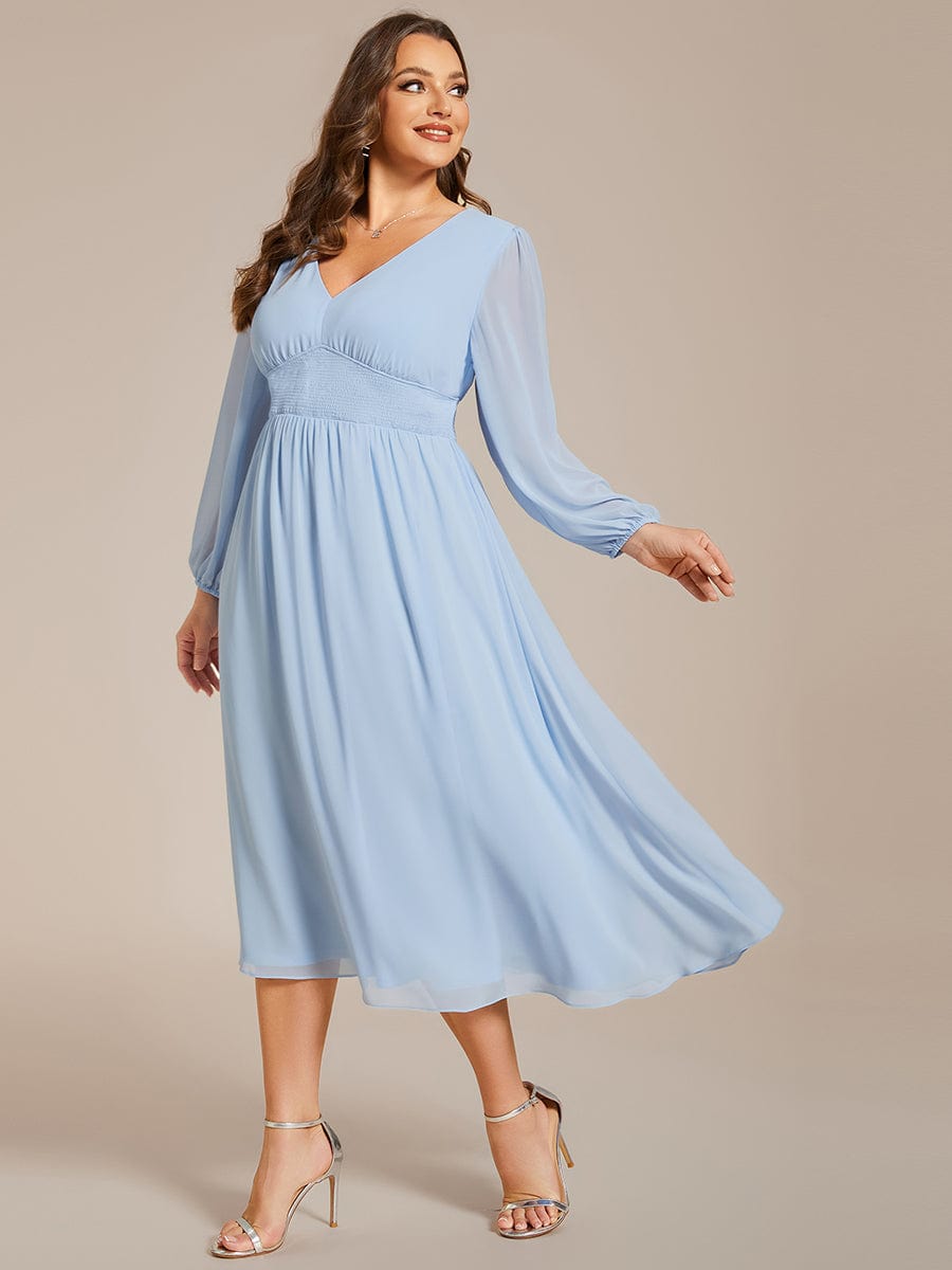 Plus Size Elegant V Neck Long Sleeves Midi Wedding Guest Dress