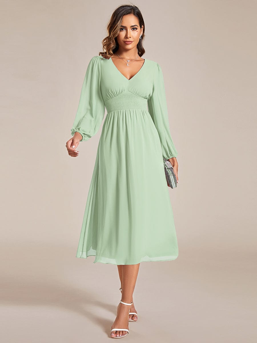 Elegant V Neck Long Sleeves Midi Wedding Guest Dress