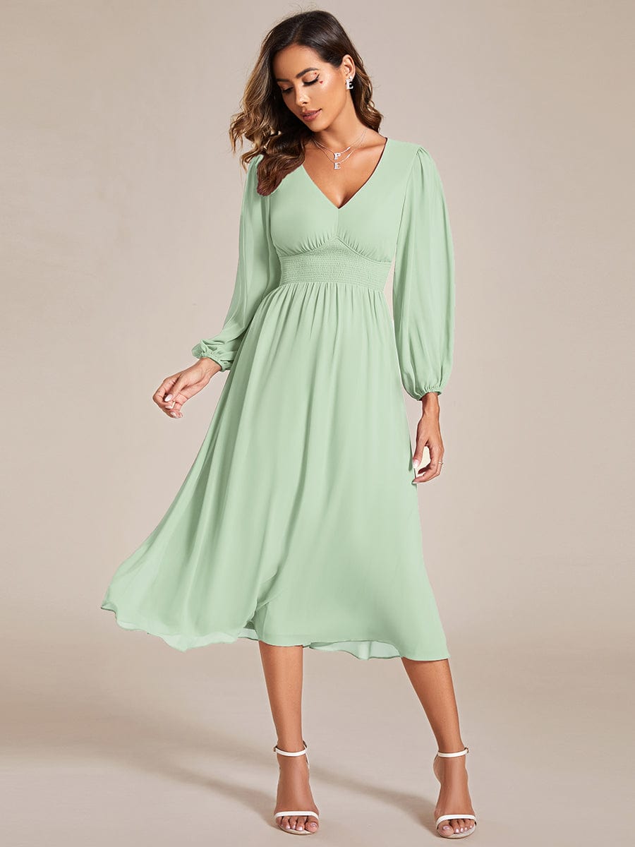 Elegant V Neck Long Sleeves Midi Wedding Guest Dress