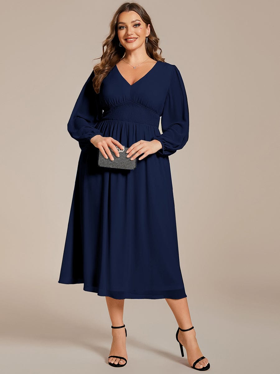 Elegant V Neck Long Sleeves Midi Wedding Guest Dress