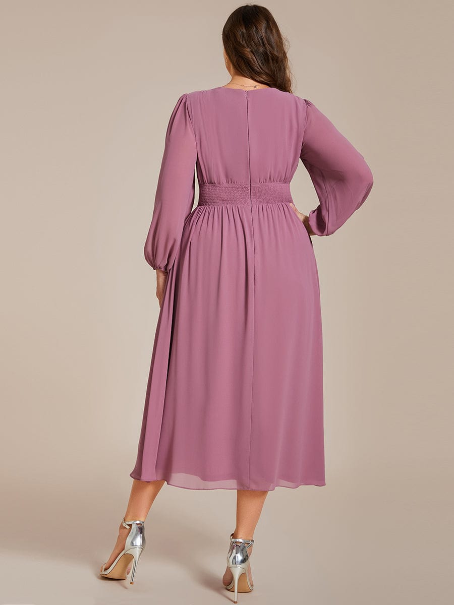 Plus Size Elegant V Neck Long Sleeves Midi Wedding Guest Dress