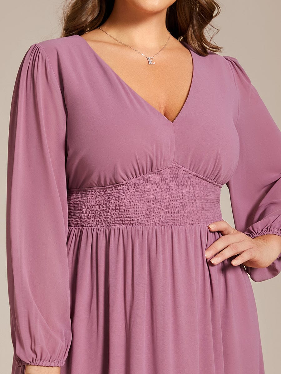 Plus Size Elegant V Neck Long Sleeves Midi Wedding Guest Dress