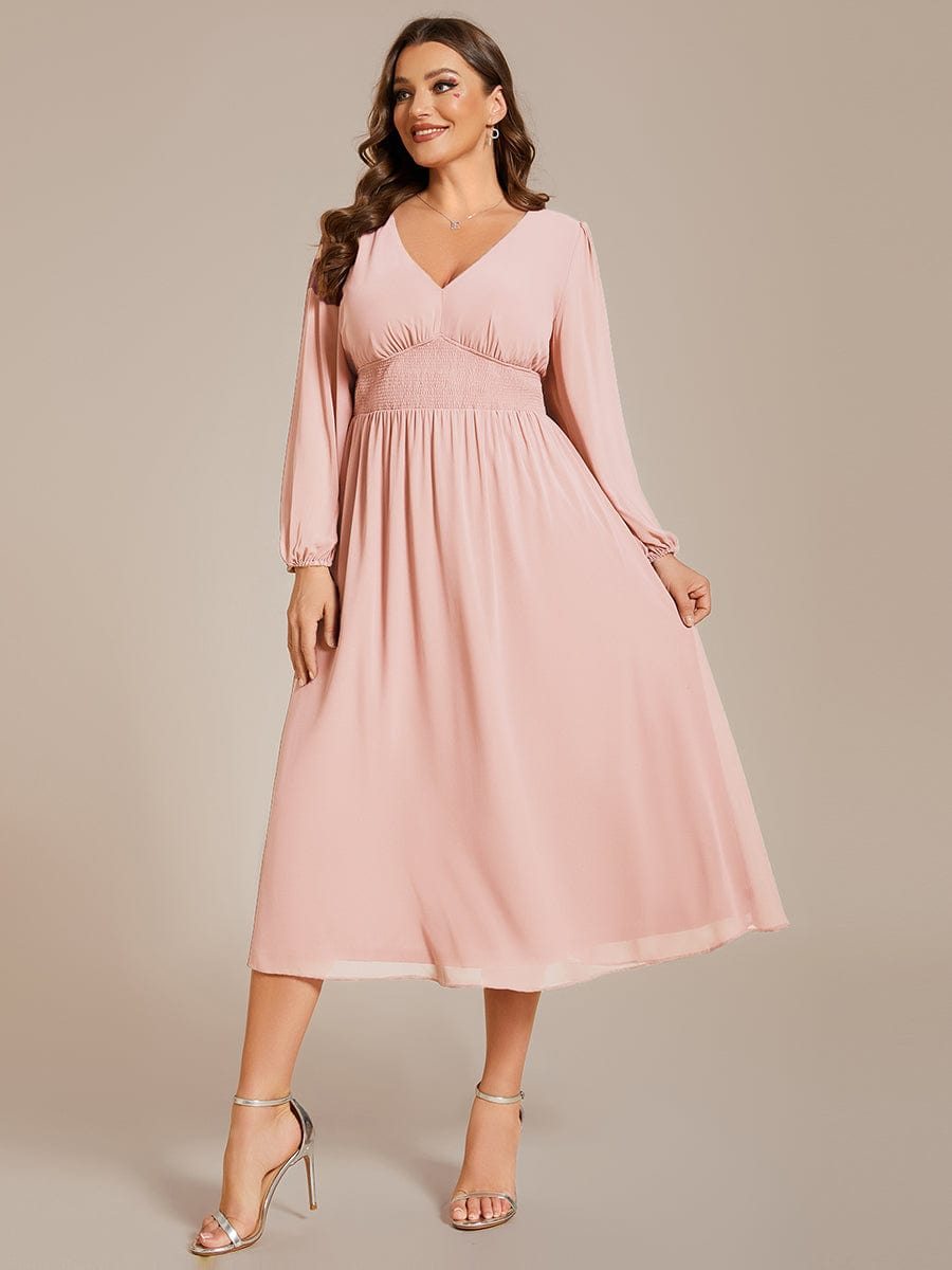 Plus Size Elegant V Neck Long Sleeves Midi Wedding Guest Dress