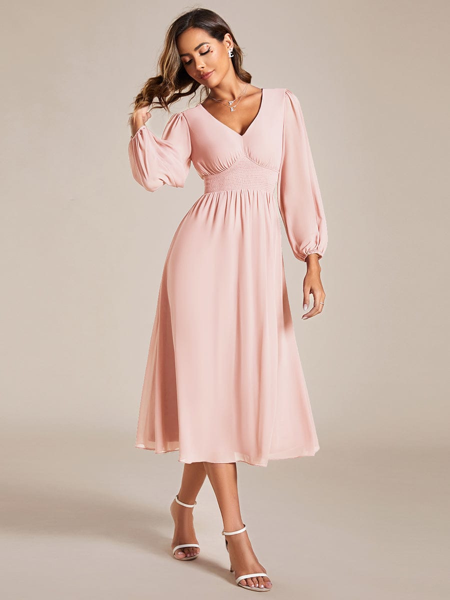 Elegant V Neck Long Sleeves Midi Wedding Guest Dress