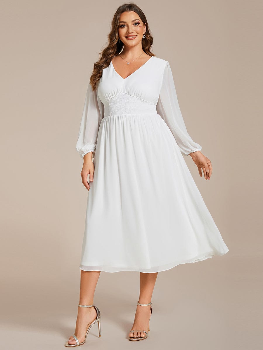 Plus Size Elegant V Neck Long Sleeves Midi Wedding Guest Dress