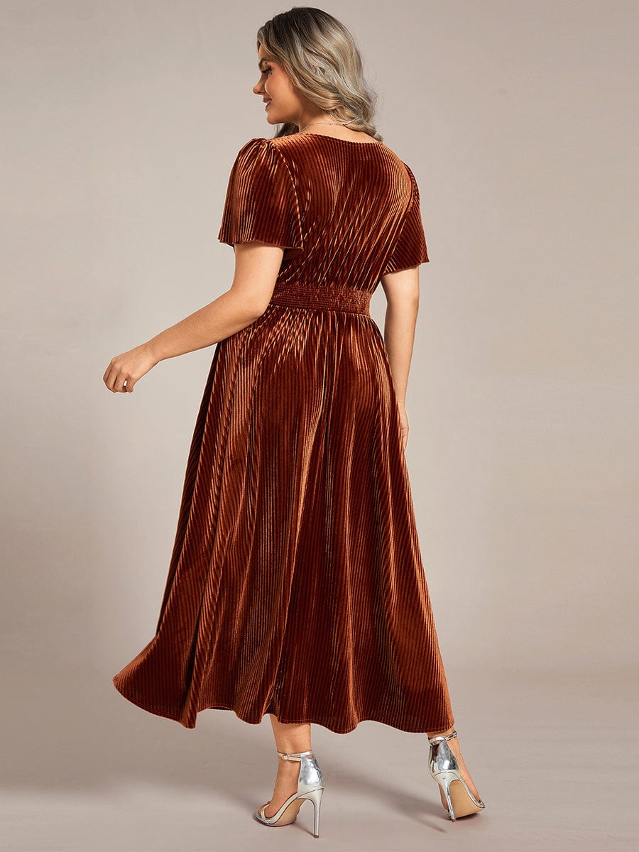 Striped Velvet Flutter Sleeves V-Neck Midi Wedding Guest Dress