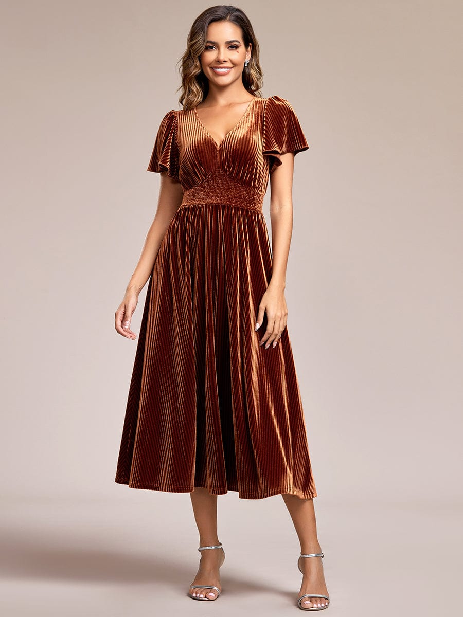 Striped Velvet Flutter Sleeves V-Neck Midi Wedding Guest Dress