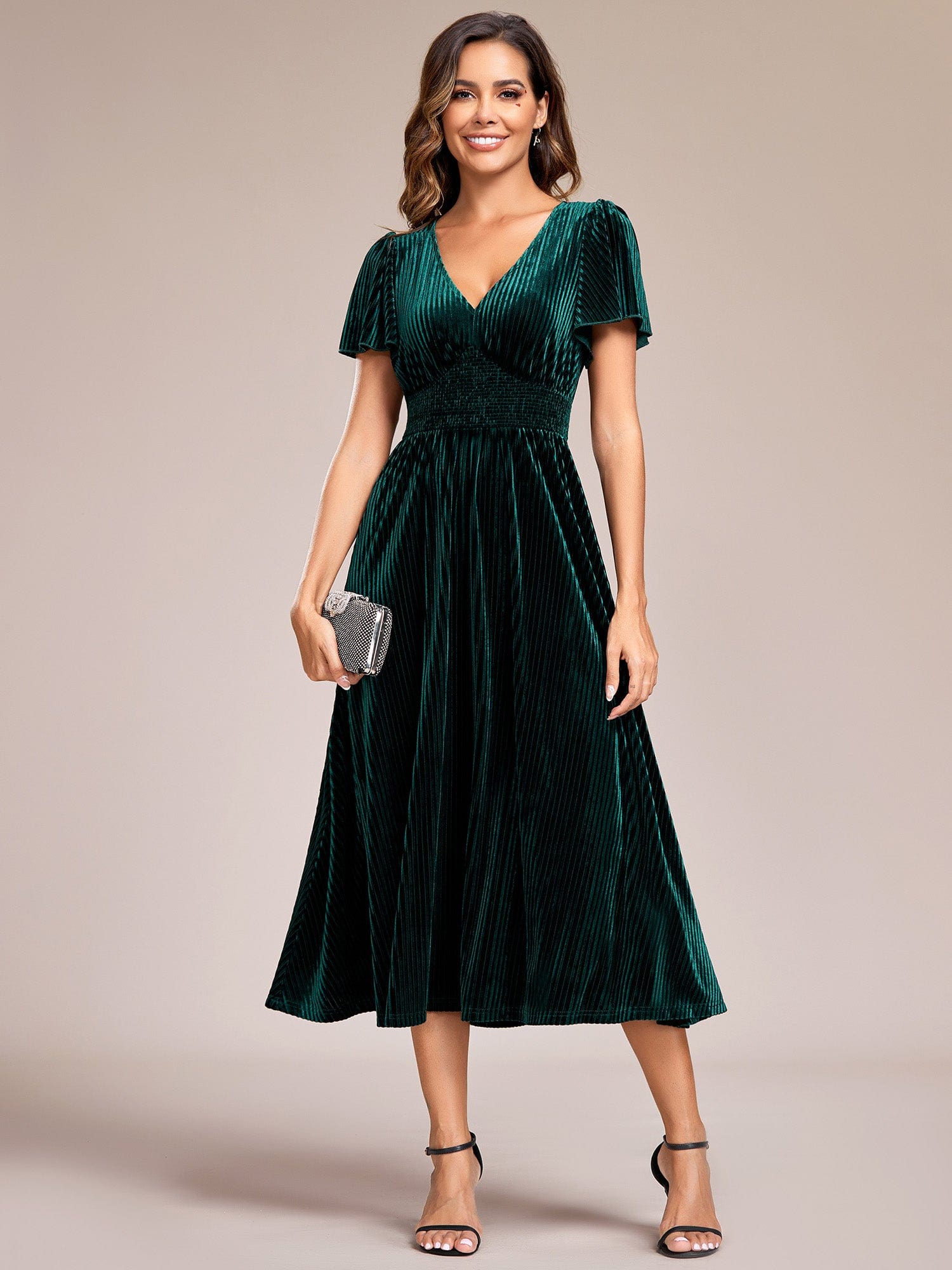 Striped Velvet Flutter Sleeves V-Neck Midi Wedding Guest Dress