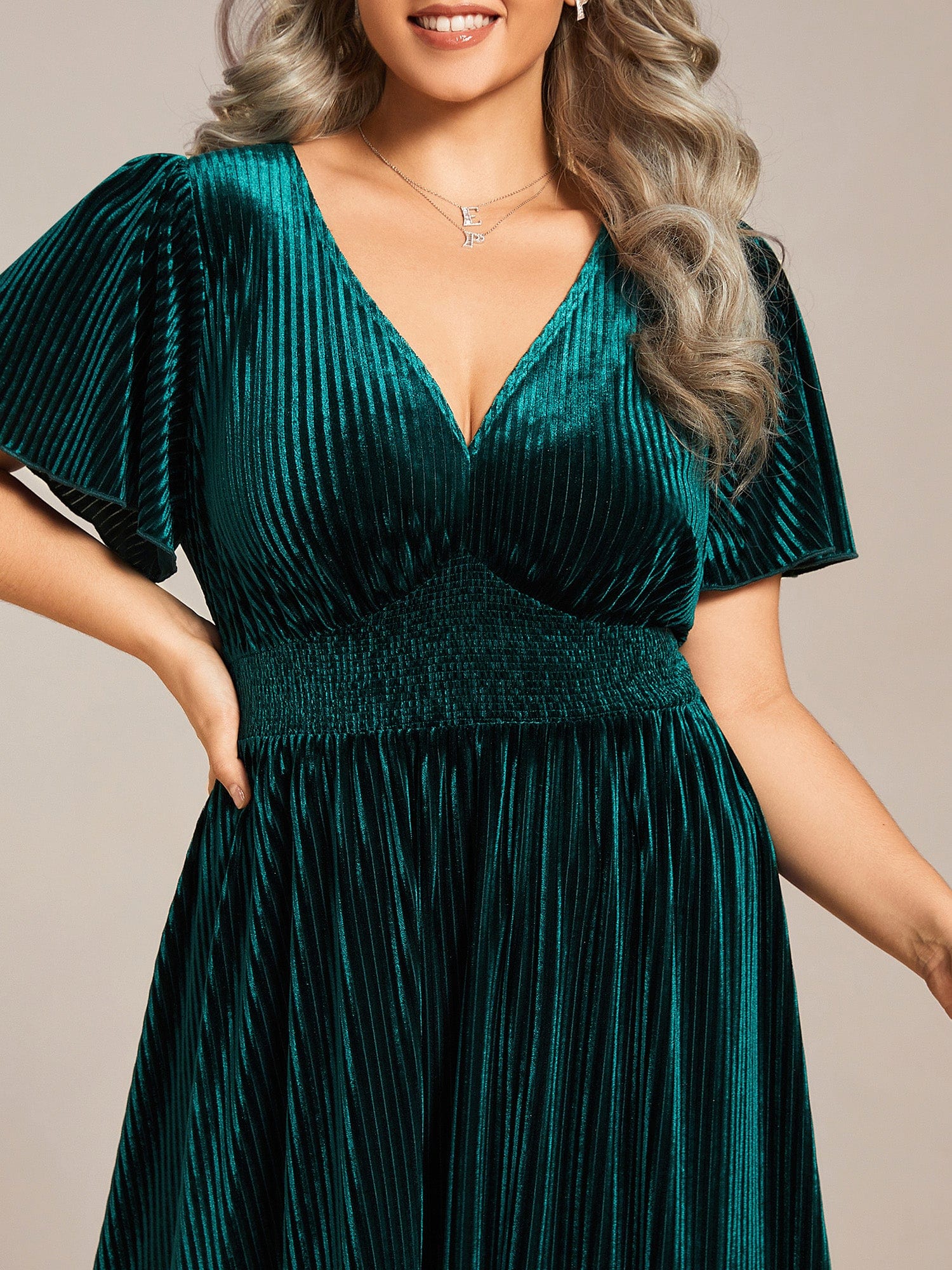 Striped Velvet Flutter Sleeves V-Neck Midi Wedding Guest Dress