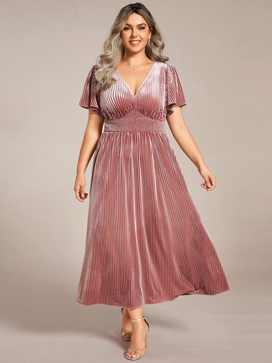 Plus Size A-line V-Neck Short Sleeve Velvet Wedding Guest Dress