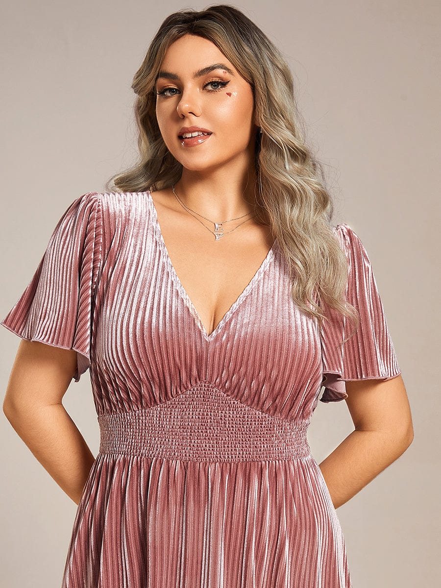 Striped Velvet Flutter Sleeves V-Neck Midi Wedding Guest Dress