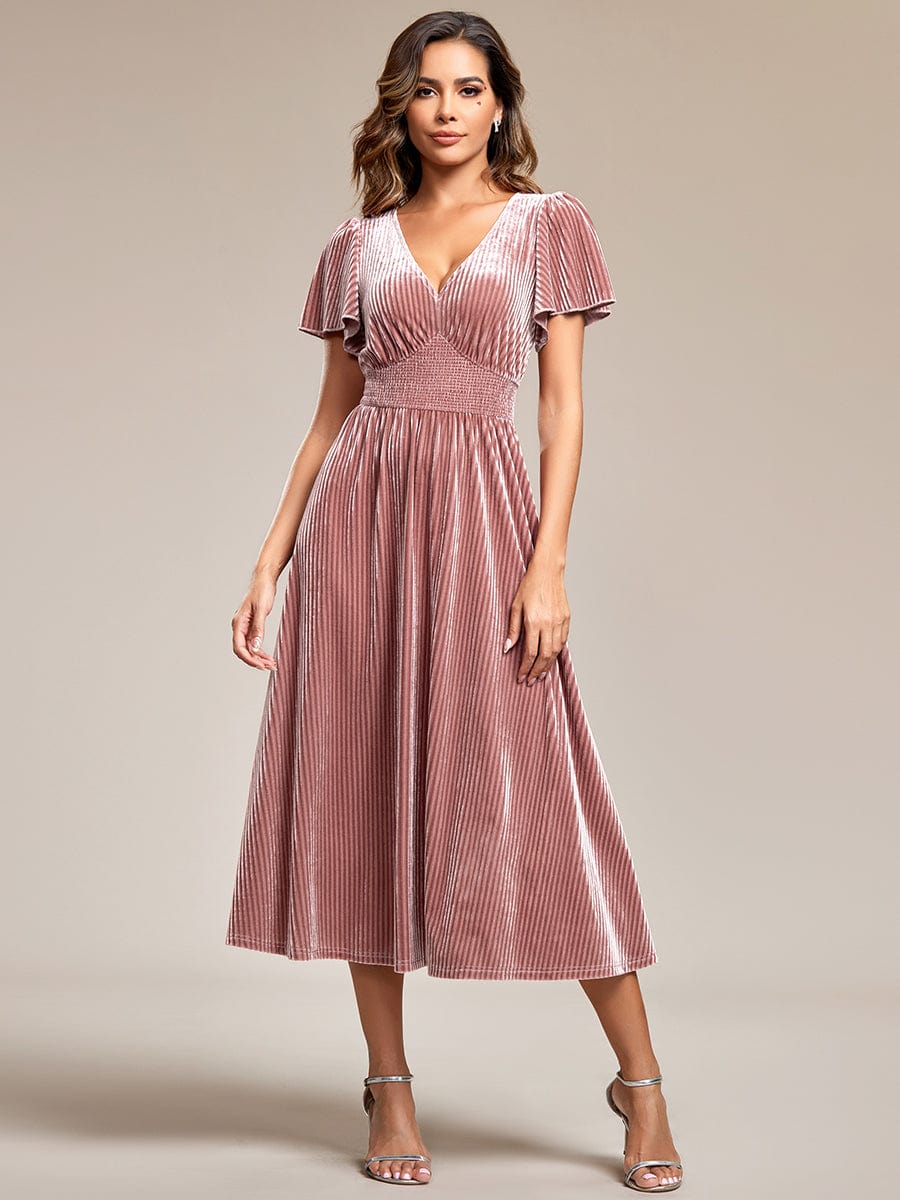 Striped Velvet Flutter Sleeves V-Neck Midi Wedding Guest Dress