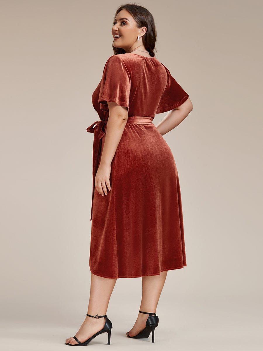 Charming Flutter Sleeves V-Neck Velvet Wedding Guest Dress