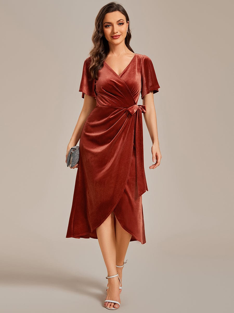 Charming Flutter Sleeves V-Neck Velvet Wedding Guest Dress