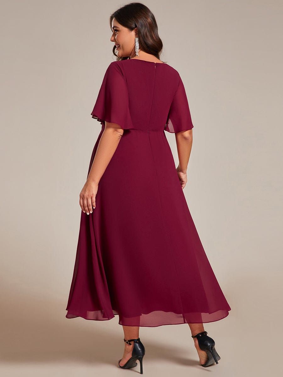 V-Neck Chiffon Midi Wedding Guest Dress with Waist Applique