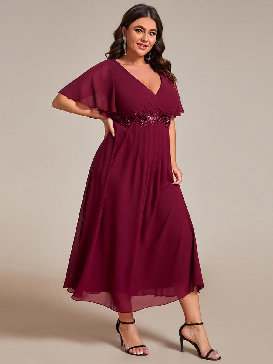 V-Neck Chiffon Midi Wedding Guest Dress with Waist Applique