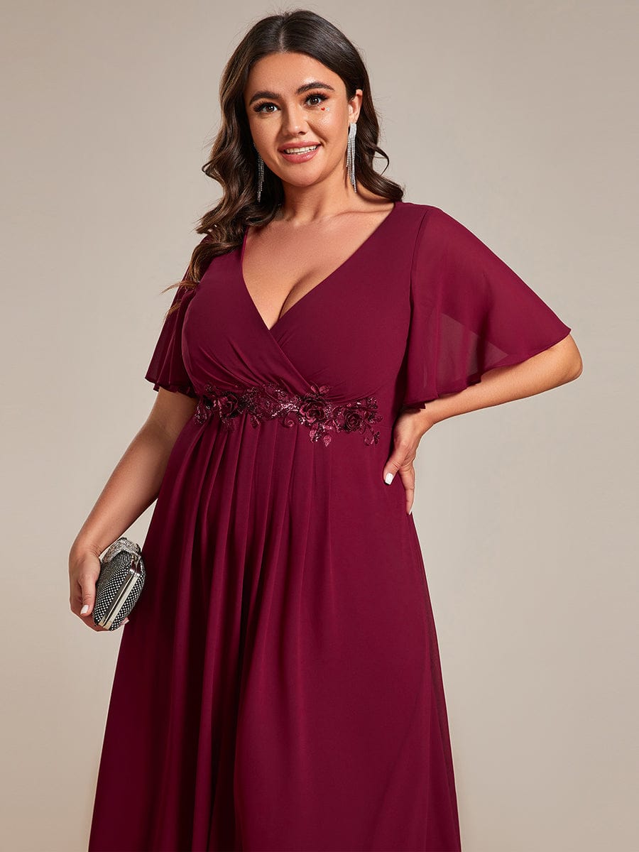 Plus Size V-Neck Chiffon Midi Wedding Guest Dress with Waist Applique