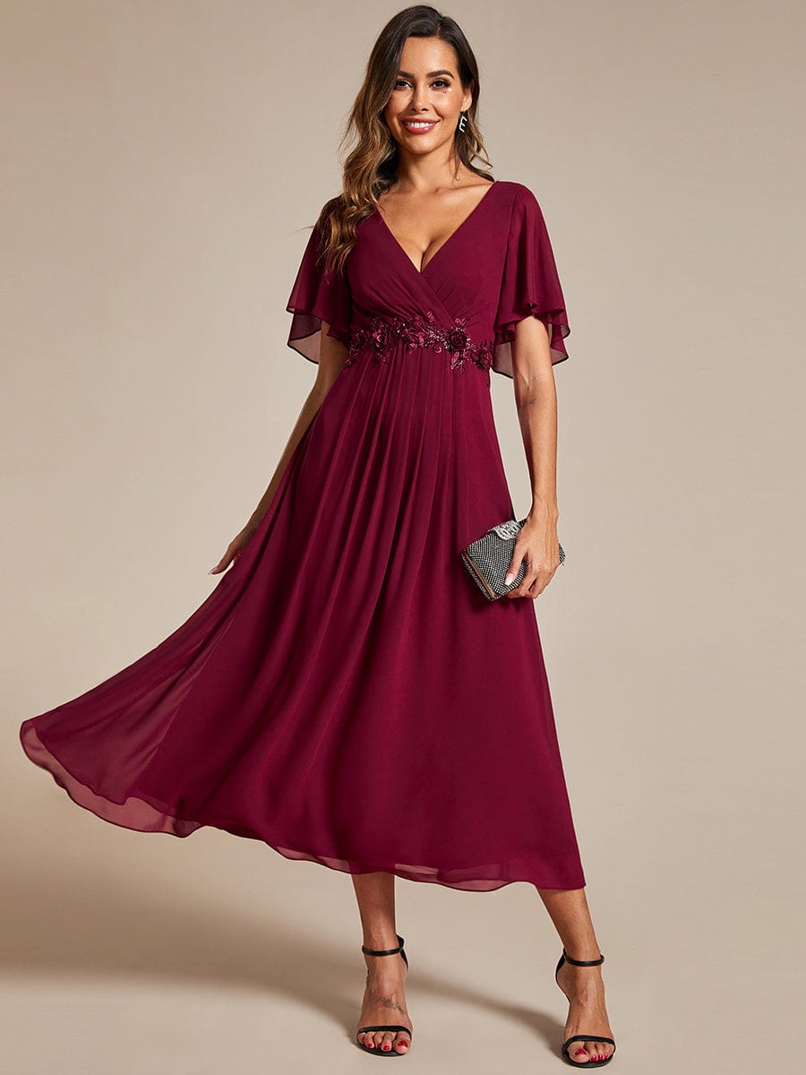 V-Neck Chiffon Midi Wedding Guest Dress with Waist Applique