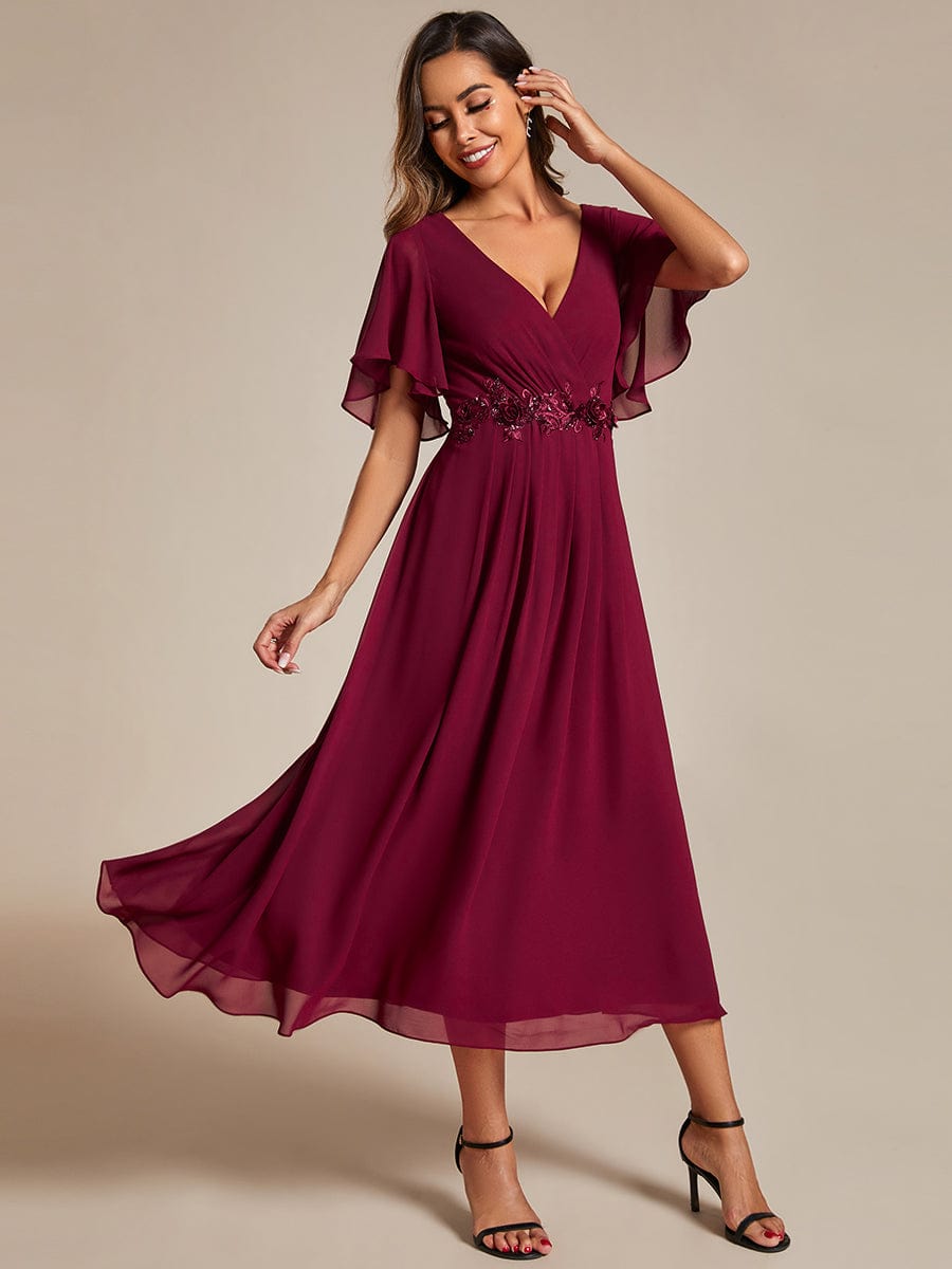 V-Neck Chiffon Midi Wedding Guest Dress with Waist Applique