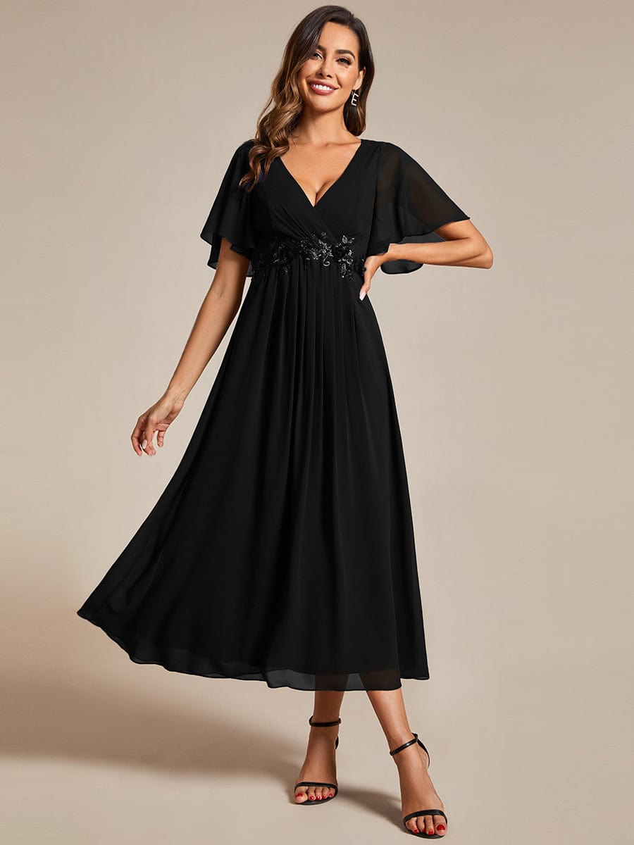 V-Neck Chiffon Midi Wedding Guest Dress with Waist Applique